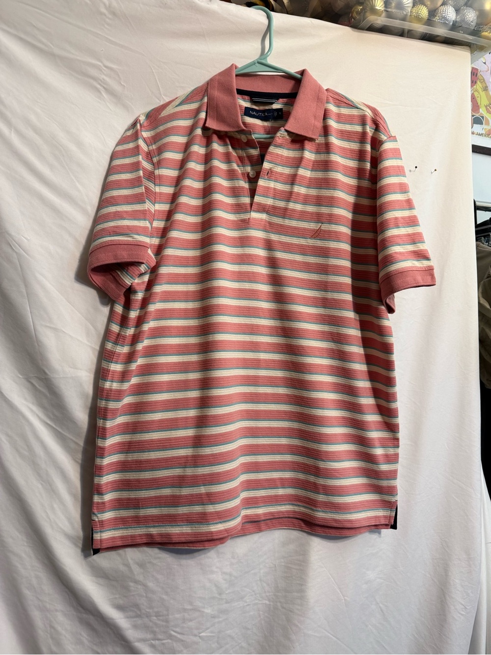 Nautica Coral and White Striped Polo